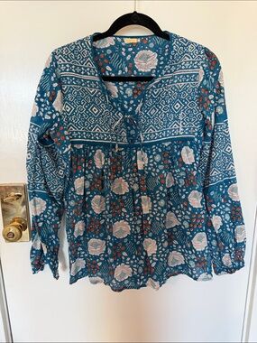 Matta Teal Blue Floral Tie-Neck Peasant Blouse